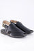 Pair of black leather sandals with a strap on a white background
