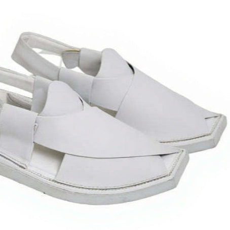 White sandals with woven straps on a white background